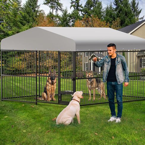 Large Outdoor Dog Kennel, Heavy Duty Dog Cage with Roof, Dog Kennel Galvanized Iron Dog House with Safety Locks,UV & Water Resistant Proof Cover, for Garden Backyard Black (10x10x6FT) in Kuwait