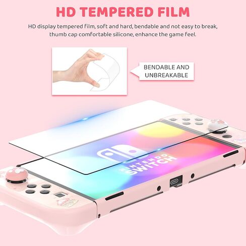 RHOTALL لطيف أنيمي الوردي القطة من HelloKitty تحمل حقيبة السفر لنينتندو سويتش OLED، تصميم شجرة عيد الميلاد، حزام وردي، غطاء نحيف مقاوم للصدمات للخدش، واقيات الشاشة و2 قطعة غطاء قبضة الإبهام المخلب in Kuwait