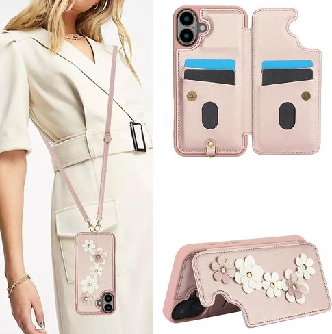 for iPhone 16 / Apple 16 Crossbody Wallet Case with Card Holder, Lanyard Wrist Strap PU Leather Case with Magnetic Clasp Purse Kickstand Cover for Apple 16.S Black in Saudi Arabia