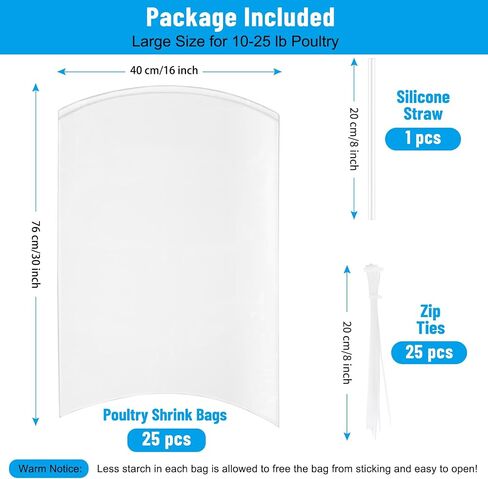 Poultry Shrink Bags, Pack of 25, Turkey Shrink Wrap Bags, 13"x 18" Clear Poultry Heat Shrink Wrap Freezer BPA Free Food Safe Storage Bags for Chicken, Rabbit and More, 25 Zip Ties and Silicone Straw in Kuwait