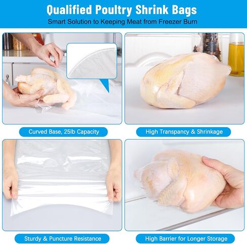 Poultry Shrink Bags, Pack of 25, Turkey Shrink Wrap Bags, 13"x 18" Clear Poultry Heat Shrink Wrap Freezer BPA Free Food Safe Storage Bags for Chicken, Rabbit and More, 25 Zip Ties and Silicone Straw in Kuwait