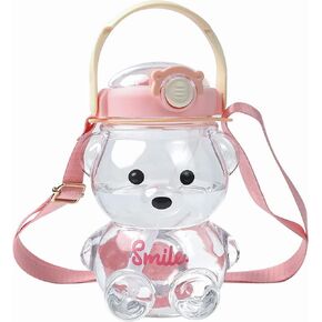 Kawaii Bear Straw Bottle,Leak-Proof Water Bottle with Adjustable & Removable Shoulder Strap for Boy and Girls (Pink)