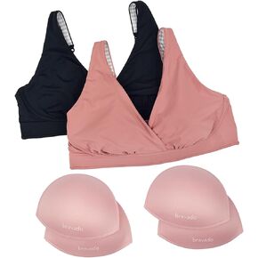 BRAVADO! DESIGNS 2-Pack Ballet Sleep Nursing Bra in Black & Roseclay (Small) & Reusable Leak Resistant Nursing Pads Bundle