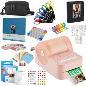 HP Sprocket Panorama Instant Portable Color Label & Photo Printer (Pink) Craft Bundle with case, Zink roll, Photo Album, Markers, Scissors, Tape, Stickers and Frames