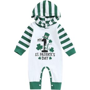 Bowanadacles Newborn Baby Girl Boy My 1st St.Patrick's Day Outfit Clothes Long Sleeve Hooded Romper Stripe Jumpsuit Hoodie