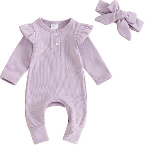 Newborn Baby Girl Coming Home Outfit Ribbed Long Flared Sleeve Folded Jumpsuit Footie Overall Romper with Headband