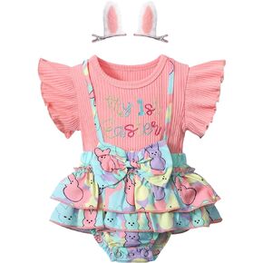 WIQI Easter Outfit Baby Girl Pink Short Sleeve Bunny Pattern Romper+ 2pcs Rabbit Hair Clip My First Easter Baby Girl Outfit