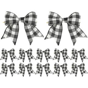 AIMUDI Pretied Black White Buffalo Plaid Bows 5.5 Inch Rustic Farmhouse Wreath Bows Premade Black Gingham Ribbon Twist Tie Bows Welcome Check Bows for Crafts Home Decor Chrimstmas Thanksgiving- 12 Ct