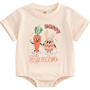 Lucikamy Newborn Baby Girl Boy Easter Outfit Cute Bunny Printed Short Sleeve One Piece Romper Infant Baby Summer Clothes