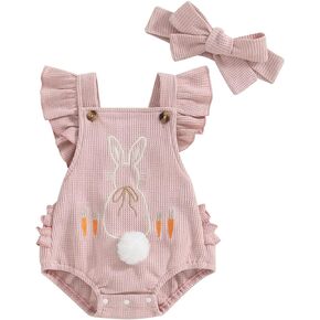 Pivanzore Baby Girl Bunny Romper Baby Easter Romper Rabbit Carrot Bodysuits Baby Girl Summer Clothes with Headband