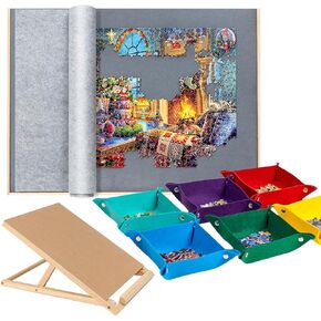 Sancallie 1500 Pieces Puzzle Board & Bracket Set/Wooden Puzzle Board Kit/Jigsaw Puzzle Plateau with 6 Sorting Trays Gray Felt Mat Cover - with Puzzle Board for Storing Jigsaw Puzzles