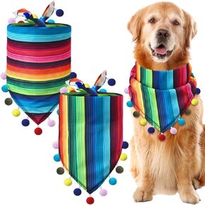Cosblank 2 Pcs Mexican Dog Bandana Multicolor Cinco De Mayo Fiesta Dog Scarf Summer Mexican Dog Triangle Bib Adjustable Pet Neckerchief with Pom Poms for Small Medium Dogs Cats Pets