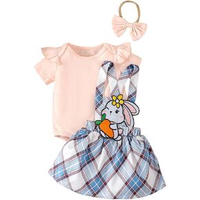 Newborn Baby Girl Easter Outfit Long Sleeve Romper+Bunny Suspender Skirt with Headband My 1st Easter Outfit