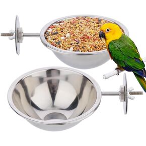 2 Pack Bird Feeding Dish Cup, Stainless Steel Birdcage Food Bowl with Clamp Holder for Bird Parrot Parakeet Macaw Finches Lovebirds Cockatiel Conure Budgies