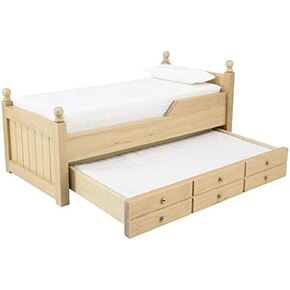 EatingBiting 1:12 Furniture Wooden Wood Color Trundle Wooden Bed Miniature Bed with Bedding and Decorative Pillow Pull-Out Type