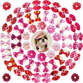 Pink Dog Hair Bows with Rubber Bands, Bulk 80pcs Small Dog Flower Bows with Rhinestone Pearl, Mix Handmade Puppy Hair Grooming Bows, Dog Bows for Yorkie Dog Cat Girl Hair Accessories