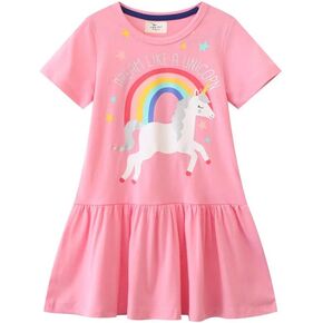 Girls Cotton Dress Toddler Summer Short Sleeve Animal Print Cartoon Dresses 2-8 T