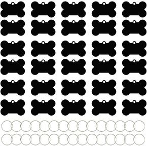 30 Pcs Black Bone Shape Pet ID Tag with Key Ring, 38MM Blank Personalized Aluminium Pendants Tag Dog Cat Pet Name Phone Number ID Tag Charm for Dogs Cats Name Craft Tag
