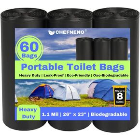 Portable Camping Toilet Waste Bags (60 Bags) 8 Gallon Black Can Liner for Travel, Camping and Outdoor Getaways (60 ct.)