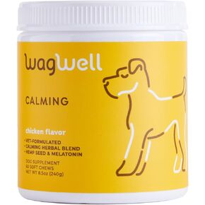 WagWell Calming Chews for Dogs - Melatonin Calming Dog Chews for Anxiety Relief and Stress Support - 60 Soft Chicken Flavored Dog Chews for Separation Anxiety Relief