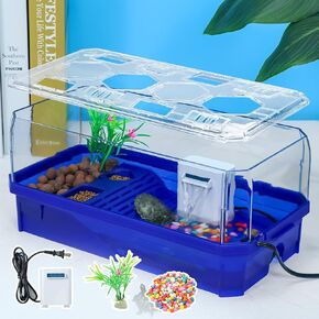 Turtle cage Tortoise Terrarium with Pump＆Filter with Shower Function Easy to Change Water and Clean Water for Turtle Horned Frog Hermit Crab (Blue, Medium)