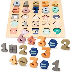 Wooden Number Puzzle w/Shapes & Math Symbols - 25pcs Toddler Number Learning Toys to Develop Counting & Problem-Solving Skills - Number Puzzles for Kids Ages 3-5 - Fun Montessori Puzzle by Number Toys