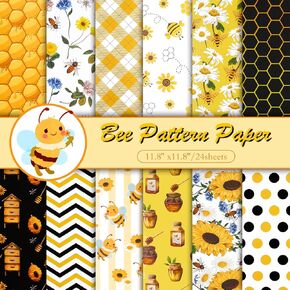Konsait 24 Sheets Bee Scrapbook Paper 12x12 Yellow Pattern Paper Double Sided Scrapbook Paper Craft Paper for DIY Bee Tissue Paper Bee Birthday Party Decorations Origami Paper Scrapbooking Supplies