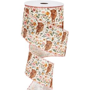 AnyDesign Boho Floral Highland Cow Wired Ribbon Floral Flower Wired Edge Ribbon Rustic Farmhouse Fabric Craft Ribbon for Gift Wrapping Floral Arrangement Wreath Bow DIY Crafts, 12 Yards, 2.5 Inch