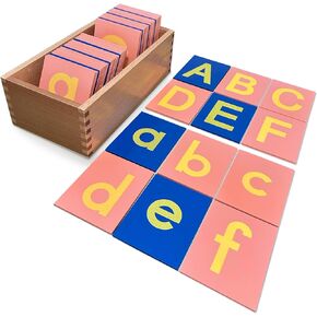 Montessori Sandpaper Letters | Lowercase and Uppercase | PP Wood Tiles | Vowel Consonant Color Coded | Includes Storage Box