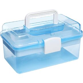 MyGift 10 Inch Portable Transparent Blue Plastic Storage Case Tool Box Sewing Box Organizer Travel Kit Box with Removable Tray, Clear Lid and Top Handle