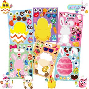 24sheets Easter Stickers Gifts for Kids, Easter Craft Kids Toys Can Make Own Face Easter Bunny Sheep Rabbit Colored Egg Chicks for Child Boys Girls School Game Activities Party Favor Supplies