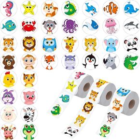 1800 PCS Round Animal Stickers, 36 Designs Wild/Farm/Marine Animal Cartoon Teacher Reward Stickers for Kids, Party Decoration Sticker for School Classroom Home with Perforation Line(1" Each, 3 Rolls)