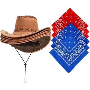 Western Cowboy Hat with Bandanna 6 Set Cowboy Party Hats Bandannas Pack Western Faux Felt Cowboy Hat for Halloween Costume Accessories Cosplay Fancy Dress Party Favorite