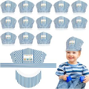 Bonuci 20 Pieces Paper Train Party Hats Train Engineer Hats for Kids Train Party Cosplay, Train Conductor Costume Halloween Blue and White Stripes Train Themed Party Photo Props