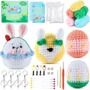 Crochet Kit for Beginners 4Pcs Easter Egg Crochet Craft Kit for Kids Adults Easter Bunny Rabbit Egg All-in Crochet Animal Craft Kit with Step-by-Step Video Tutorial Easter Basket Stuffers Gift