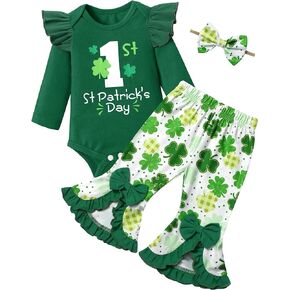 Oranchids Baby Girl St Patricks Day Outfit 1st St. Patrick's Day Ruffle Sleeve Romper + Shamrock Bell Bottoms + Bow Headband