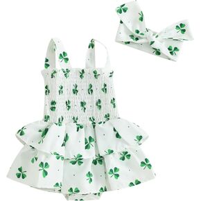 Newborn St. Patrick 's Day Baby Girl Outfit Clover Halter Sleeveless Romper Dress Bodysuit Tutu Skirt Headband Set
