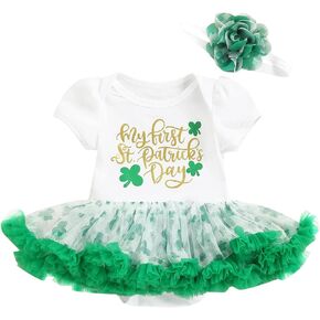 Newborn Baby Girl My 1st St. Patrick's Day Outfit Short Sleeve Letter Tutu Romper Dress Headband 2Pcs Set
