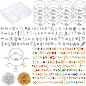 Riceshoot 321 Pcs Charm Bracelet Making Kit Bracelet Chains with OT Toggle Clasp Gold Enamel Pendants Mixed Tibetan Silver Plastic Storage Box and Open Jump Rings for Women DIY Jewelry Making