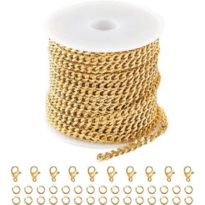 16.4 Feet Stainless Steel Curb Chain Roll Twisted Chain Links Gold Plated Craft Chain for Jewelry Making Women Men Choker Ankle Bracelet DIY Supplies Jewelry Findings