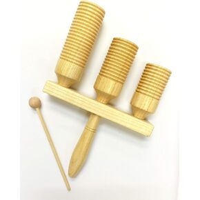 Triple Wood Tone Block and Guiro with Mallet - High, Medium, and Low pitch percussion musical instrument