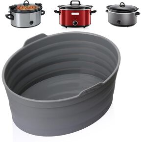 Slow Cooker Liners, Foldable Reusable Silicone Cooking Liners Compatible with Crock-Pot & Hamilton Beach Oval 6-7 QT, Leakproof Dishwasher Safe Slow Cooker Accessories for Most Oval Shape 1 PCS Grey