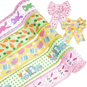 Whaline 30 Yards Easter Wired Edge Ribbon Easter Rabbit Bunny Egg Truck Carrot Plaids Fabric Craft Ribbon with Burr Spring Decorative Wrapping Ribbon for Gifts Hair Bow Sewing Wreath Craft, 5 Roll