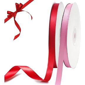 شريط أحمر وشريط ذهبي، بكرتان إجمالي 100 ياردة، شريط ساتان بلون خالص مزدوج الوجه، 3/8 بوصة، شريط خفيف لتغليف الهدايا، باقة الزهور، زينة بالونات شجرة عيد الميلاد، صناعة القوس، عيد الحب in Kuwait