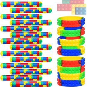 Civaner 48 Pieces Building Blocks Party Favors Building Block Slap Bracelets Silicone Wristband Color Brick Party Slap Bracelet Building Blocks Bracelets for Colorful Birthday Party Favors
