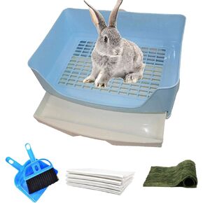 PINVNBY Large Rabbit Litter Box Corner Toilet Box Bigger Pan Pet Potty Trainer with Drawer for Adult Bunny Guinea Pig Chinchilla Ferret Galesaur Hedgehog Small Animals(Blue)