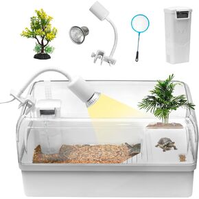 Turtle Tank Habitat Kit, Clioran Aquatic Tortoise Enclosure Starter Aquarium with Multi-Function Area, Hideout, UV Basking Platform Light, Water Filter, Fish Net,Drainage,Plant for Turtle Reptile Crab