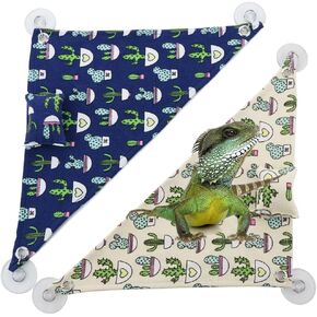 2 Pcs Reptile Hammock with Small Pillow Swing Hanging Bed Lounger Ladder with Adhesive Hooks and Suction Hook for Lizard Leopard Gecko Bearded Dragon Rat (Beige and Blue)
