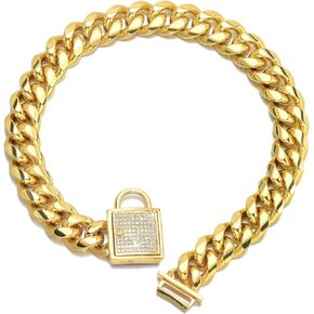 Designer Dog Collar Gold Metal Stainless Steel with Zirconia Lock 14mm 18K Gold Big Dog Luxury Training Collar Cuban Lock Link Necklace Chain(18 inch)