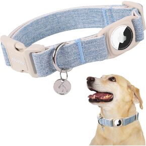 DOGWONG Airtag Cotton Hemp Dog Collar, Heavy-Duty Dog Collar with Airtag Holder Pink Dog Collar Natural Fabric Pet Dog Collar Cute Puppy Necklace for Small Medium Large Dog
